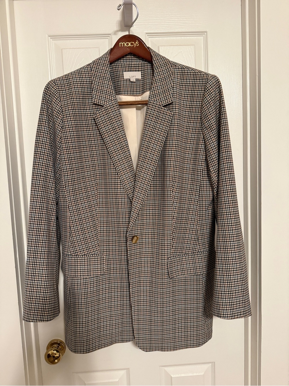LOFT Brown, Blue, and White Plaid Single-Button Blazer